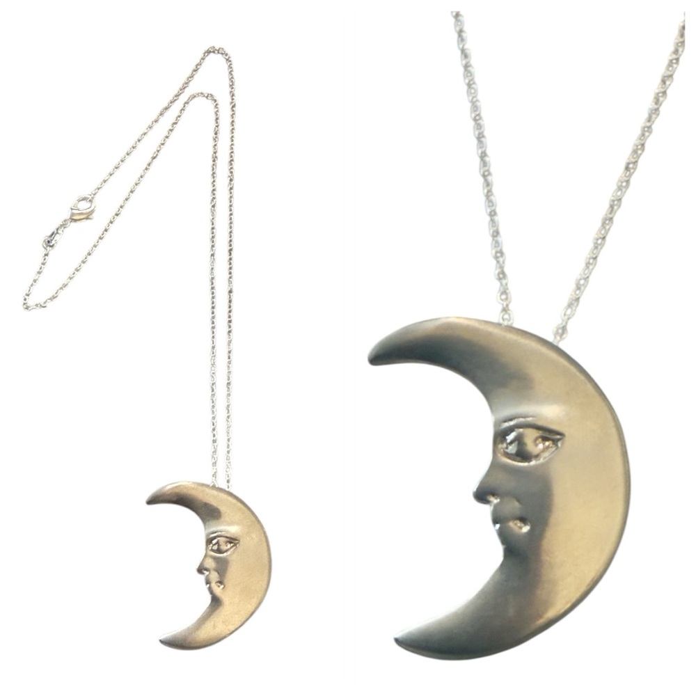 Vintage Crescent Moon w Face Pendant Necklace, Dainty Silver Rolo Chain, 19”
